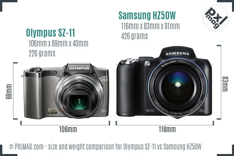 Olympus SZ-11 vs Samsung HZ50W size comparison
