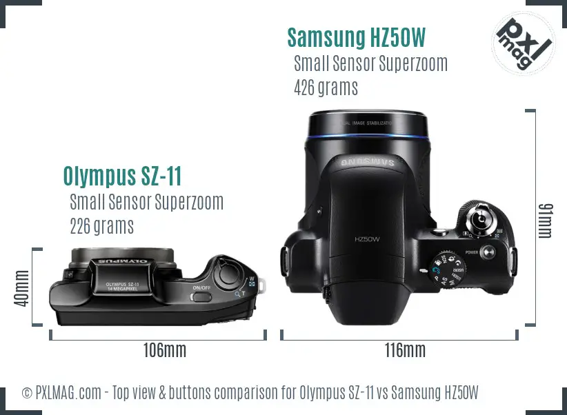 Olympus SZ-11 vs Samsung HZ50W top view buttons comparison