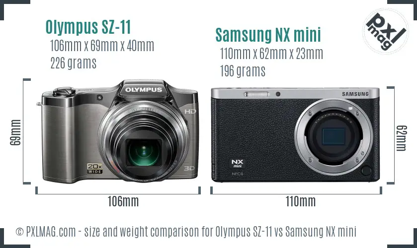 Olympus SZ-11 vs Samsung NX mini size comparison