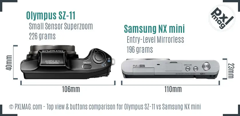 Olympus SZ-11 vs Samsung NX mini top view buttons comparison