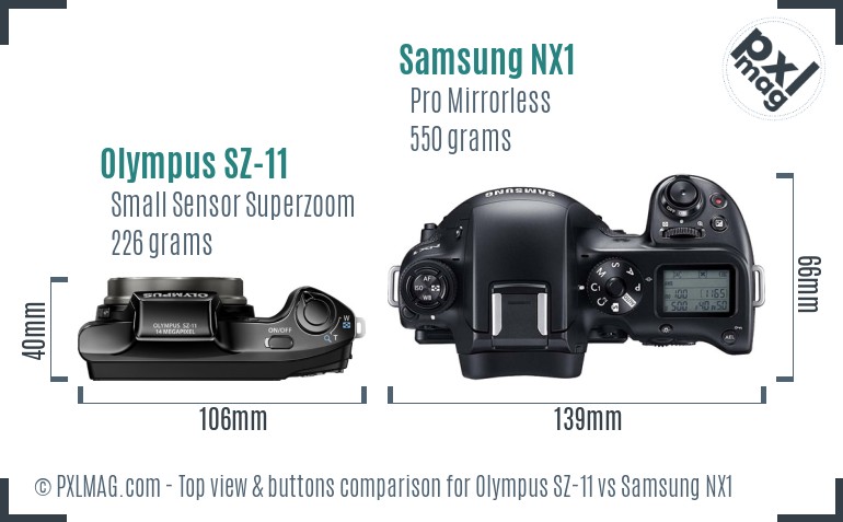 Olympus SZ-11 vs Samsung NX1 top view buttons comparison