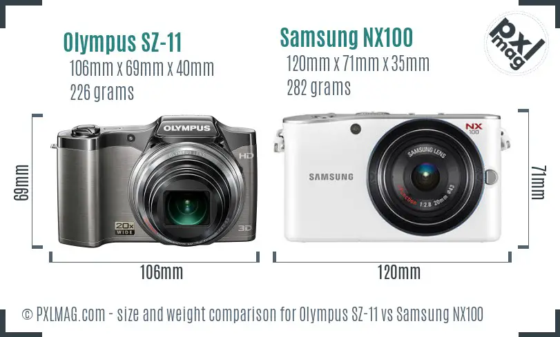 Olympus SZ-11 vs Samsung NX100 size comparison