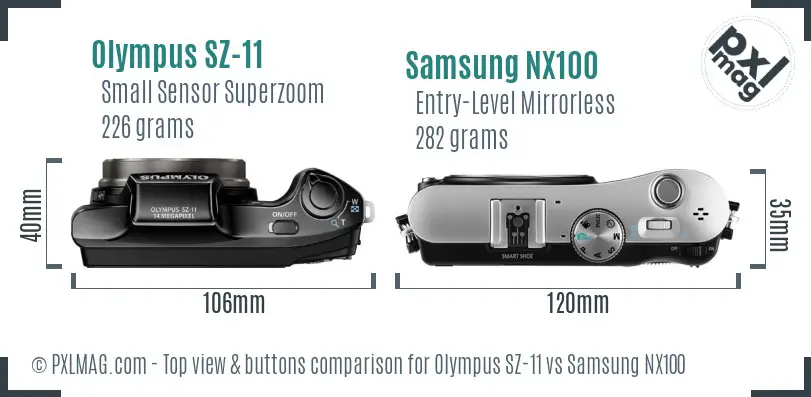 Olympus SZ-11 vs Samsung NX100 top view buttons comparison