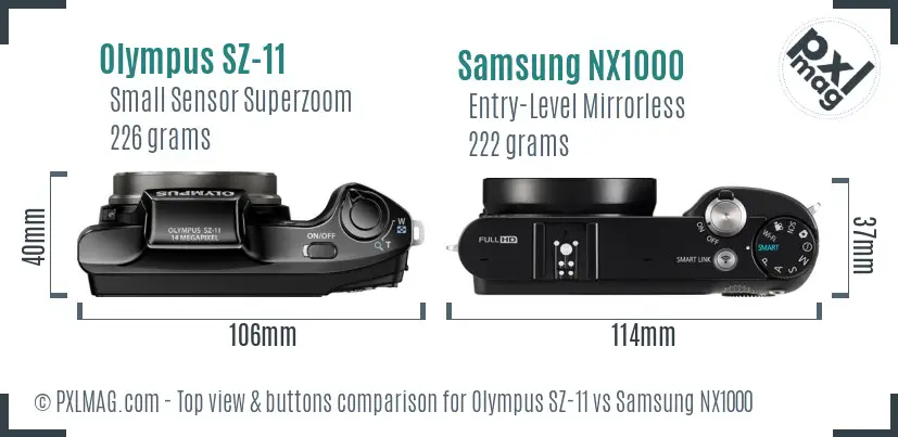 Olympus SZ-11 vs Samsung NX1000 top view buttons comparison