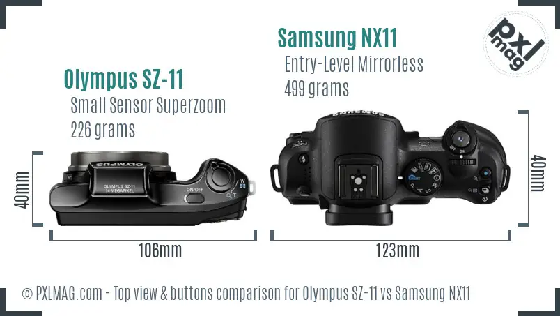 Olympus SZ-11 vs Samsung NX11 top view buttons comparison