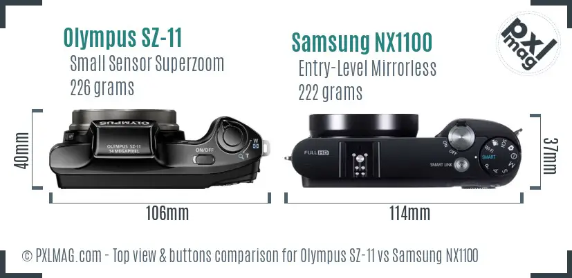 Olympus SZ-11 vs Samsung NX1100 top view buttons comparison Olympus SZ-11 vs Samsung NX1100 top view buttons comparison