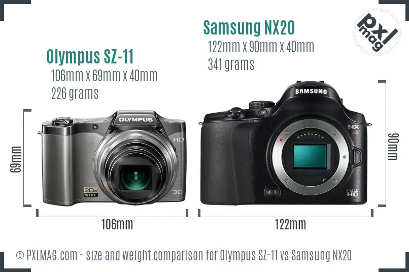 Olympus SZ-11 vs Samsung NX20 size comparison