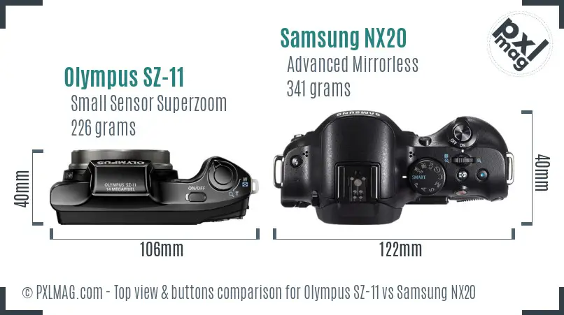 Olympus SZ-11 vs Samsung NX20 top view buttons comparison