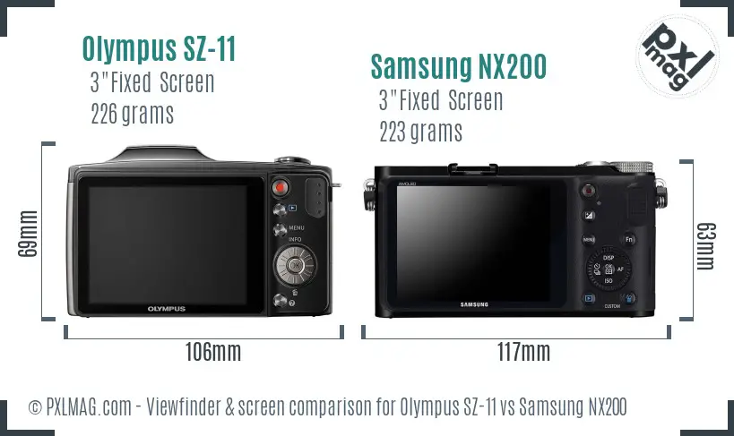 Olympus SZ-11 vs Samsung NX200 Screen and Viewfinder comparison