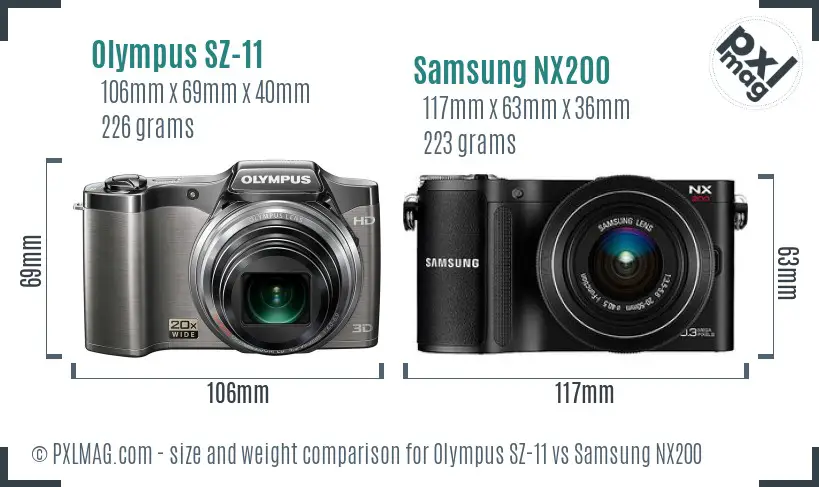 Olympus SZ-11 vs Samsung NX200 size comparison