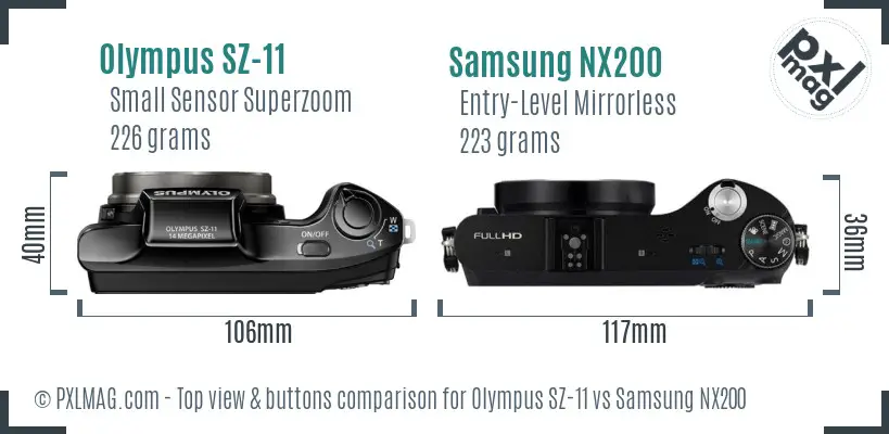 Olympus SZ-11 vs Samsung NX200 top view buttons comparison