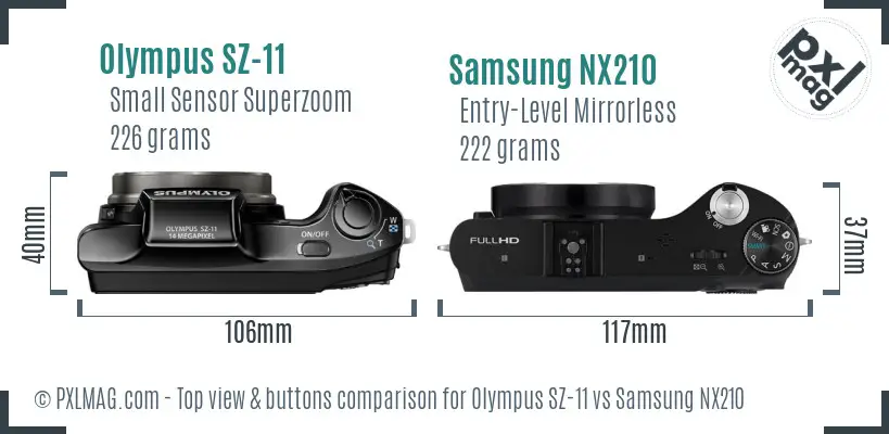 Olympus SZ-11 vs Samsung NX210 top view buttons comparison