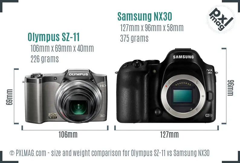 Olympus SZ-11 vs Samsung NX30 size comparison Olympus SZ-11 vs Samsung NX30 size comparison