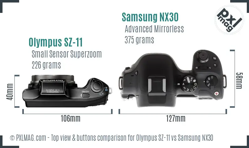 Olympus SZ-11 vs Samsung NX30 top view buttons comparison Olympus SZ-11 vs Samsung NX30 top view buttons comparison
