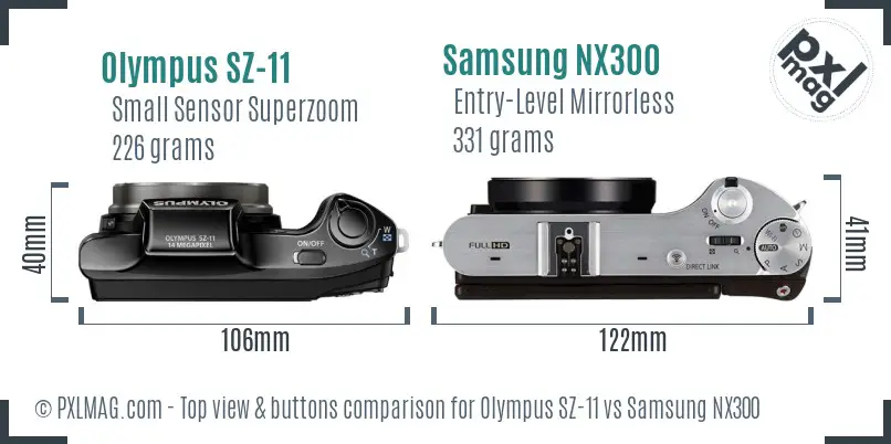 Olympus SZ-11 vs Samsung NX300 top view buttons comparison