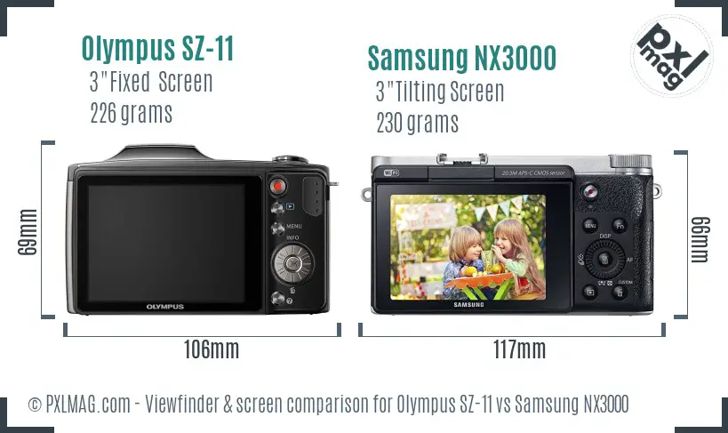 Olympus SZ-11 vs Samsung NX3000 Screen and Viewfinder comparison