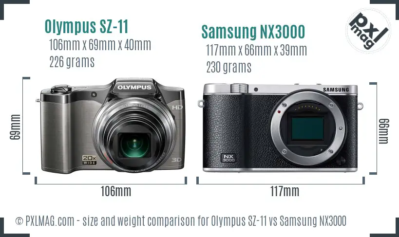 Olympus SZ-11 vs Samsung NX3000 size comparison