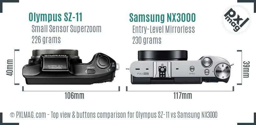 Olympus SZ-11 vs Samsung NX3000 top view buttons comparison