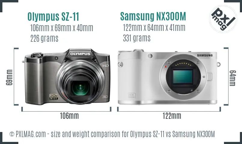 Size comparison showing Olympus SZ-11 versus Samsung NX300M