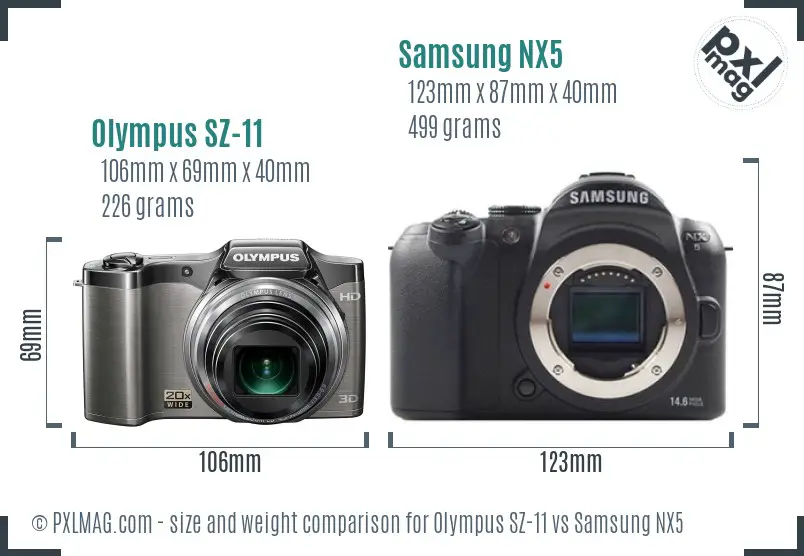 Olympus SZ-11 vs Samsung NX5 size comparison