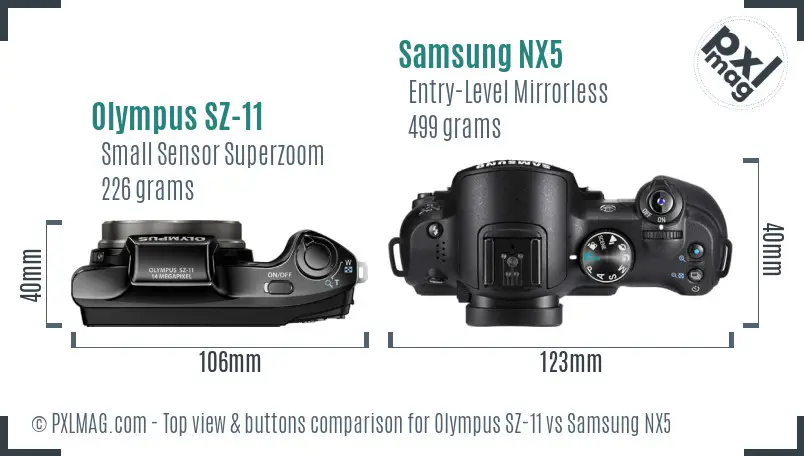 Olympus SZ-11 vs Samsung NX5 top view buttons comparison