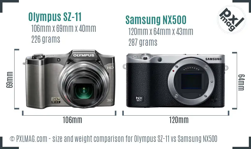 Olympus SZ-11 vs Samsung NX500 size comparison