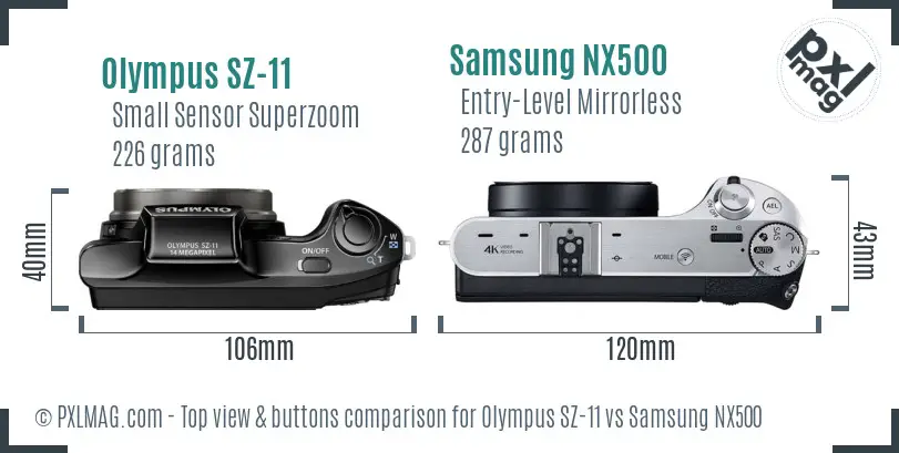 Olympus SZ-11 vs Samsung NX500 top view buttons comparison