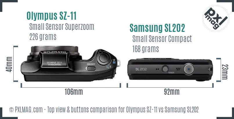 Olympus SZ-11 vs Samsung SL202 top view buttons comparison Olympus SZ-11 vs Samsung SL202 top view buttons comparison