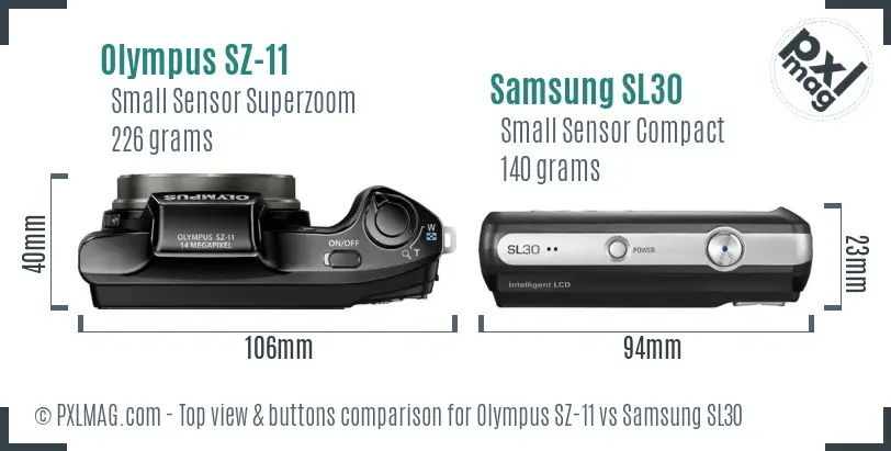 Olympus SZ-11 vs Samsung SL30 top view buttons comparison