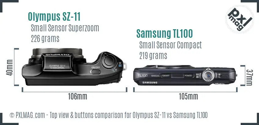 Olympus SZ-11 vs Samsung TL100 top view buttons comparison Olympus SZ-11 vs Samsung TL100 top view buttons comparison