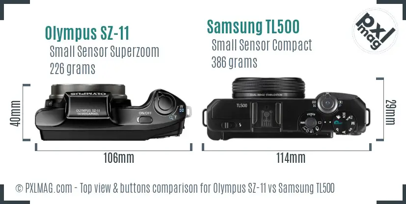 Olympus SZ-11 vs Samsung TL500 top view buttons comparison