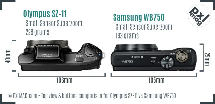 Olympus SZ-11 vs Samsung WB750 top view buttons comparison Olympus SZ-11 vs Samsung WB750 top view buttons comparison