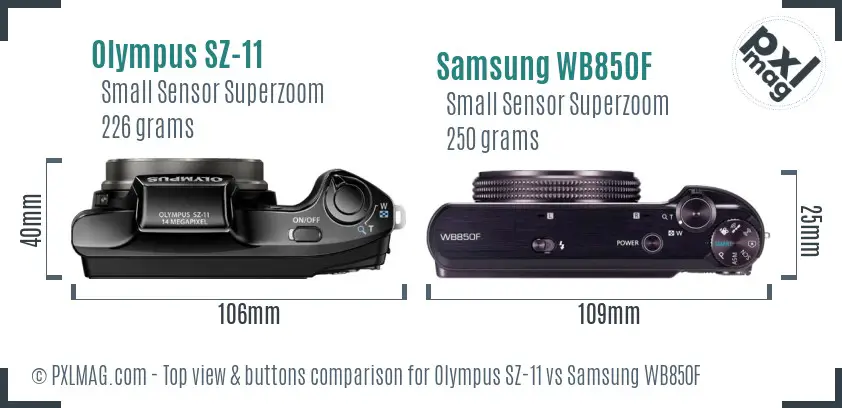 Olympus SZ-11 vs Samsung WB850F top view buttons comparison Olympus SZ-11 vs Samsung WB850F top view buttons comparison