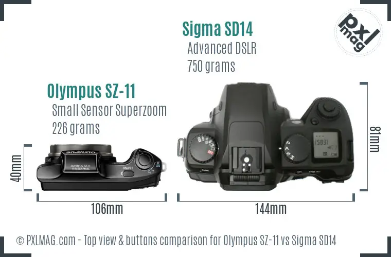 Olympus SZ-11 vs Sigma SD14 top view buttons comparison