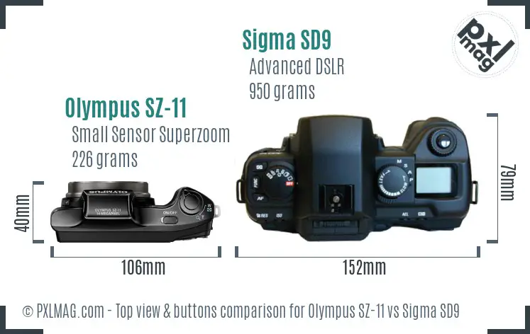 Olympus SZ-11 vs Sigma SD9 top view buttons comparison Olympus SZ-11 vs Sigma SD9 top view buttons comparison
