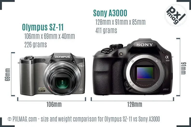 Olympus SZ-11 vs Sony A3000 size comparison