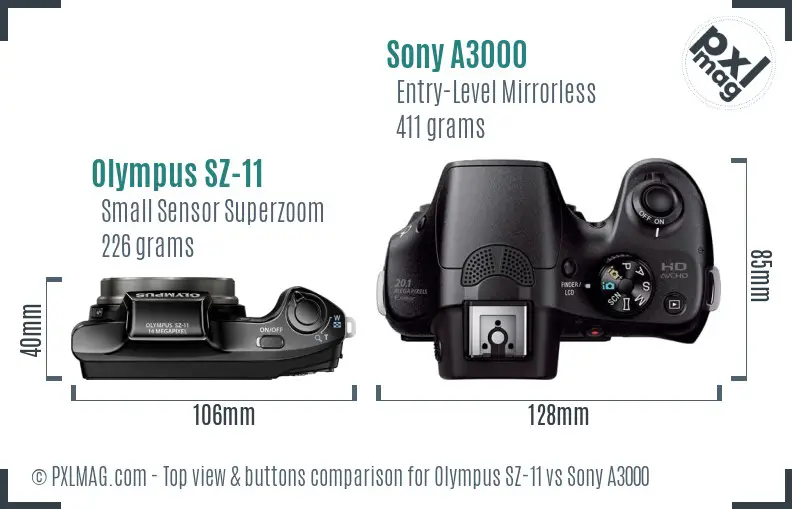 Olympus SZ-11 vs Sony A3000 top view buttons comparison