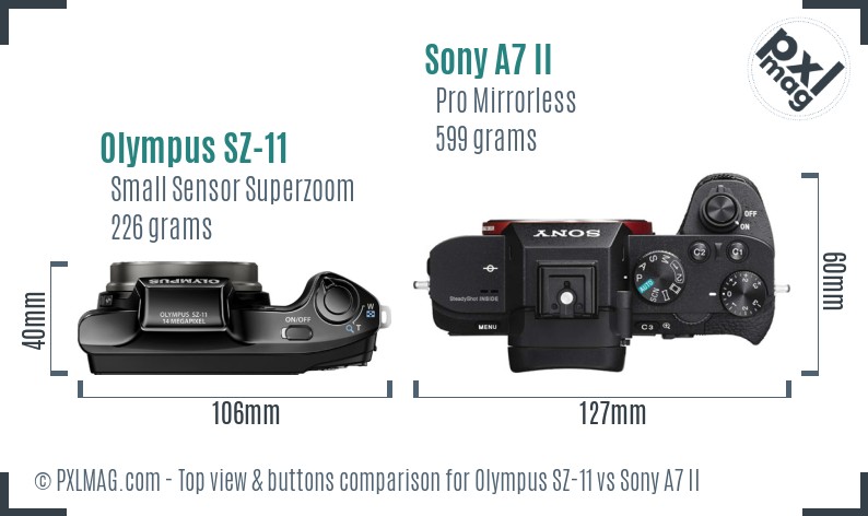 Olympus SZ-11 vs Sony A7 II top view buttons comparison