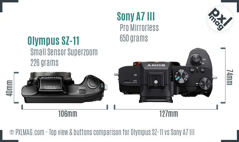 Olympus SZ-11 vs Sony A7 III top view buttons comparison