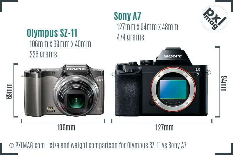 Olympus SZ-11 vs Sony A7 size comparison