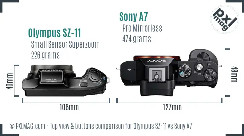 Olympus SZ-11 vs Sony A7 top view buttons comparison