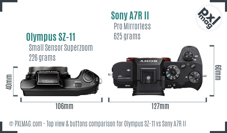 Olympus SZ-11 vs Sony A7R II top view buttons comparison
