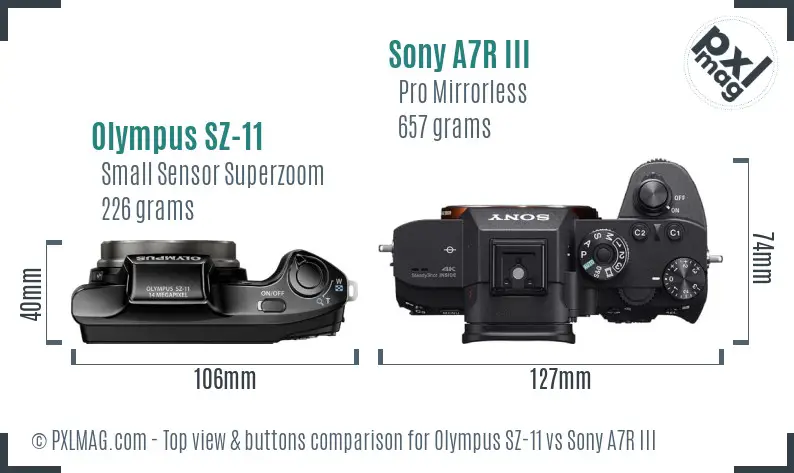Olympus SZ-11 vs Sony A7R III top view buttons comparison