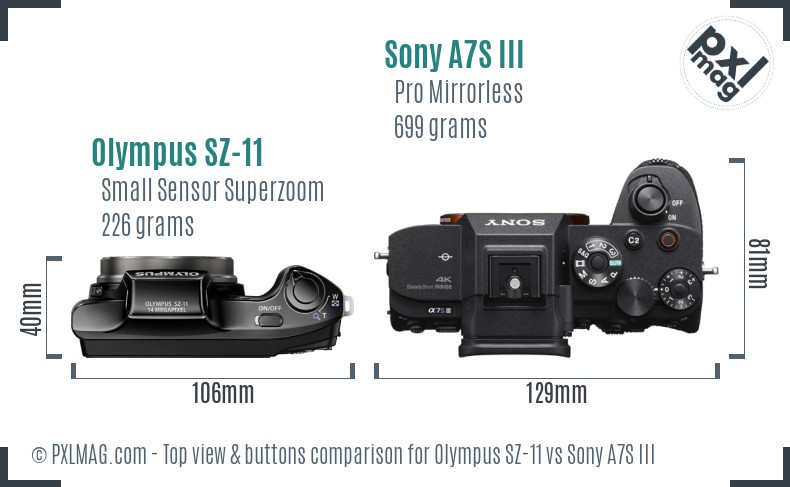 Olympus SZ-11 vs Sony A7S III top view buttons comparison