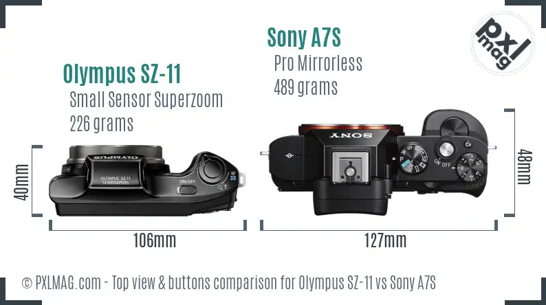 Olympus SZ-11 vs Sony A7S top view buttons comparison