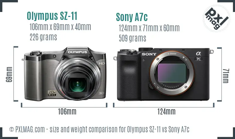 Olympus SZ-11 vs Sony A7c size comparison