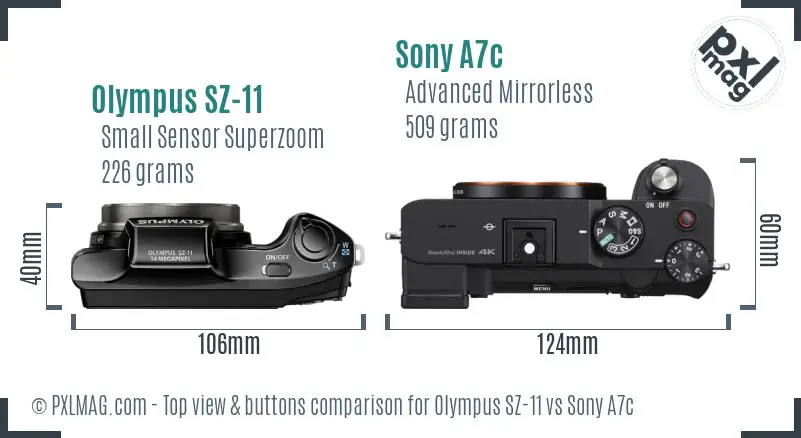Olympus SZ-11 vs Sony A7c top view buttons comparison