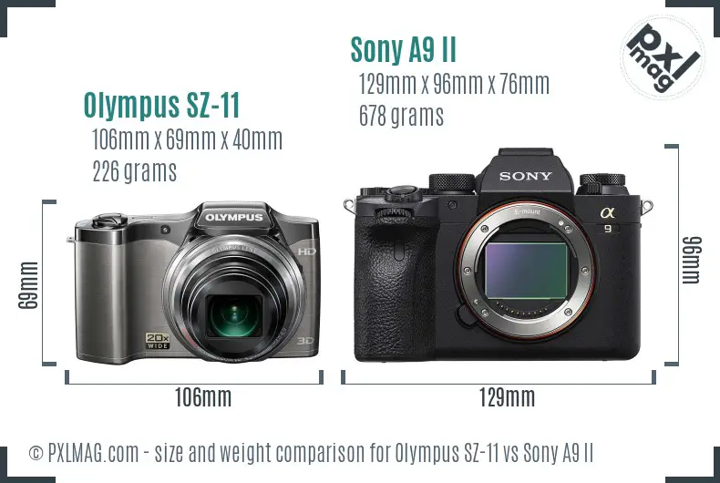 Olympus SZ-11 vs Sony A9 II size comparison