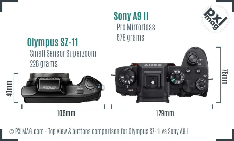 Olympus SZ-11 vs Sony A9 II top view buttons comparison