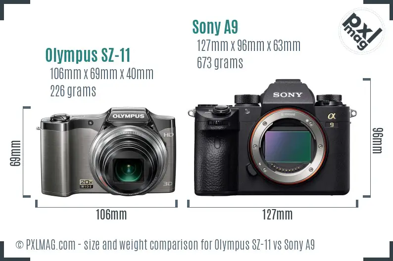 Olympus SZ-11 vs Sony A9 size comparison
